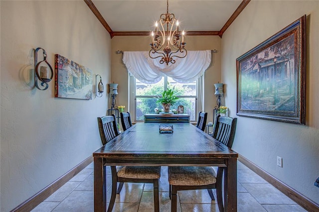 dining space featuring a chandelier, crown molding, light tile patterned flooring, and a textured wall