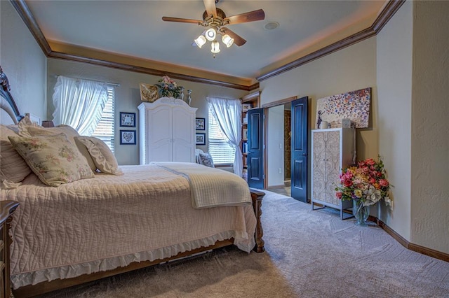 bedroom featuring crown molding, carpet floors, a ceiling fan, and a textured wall