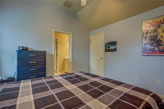 bedroom featuring lofted ceiling and ceiling fan