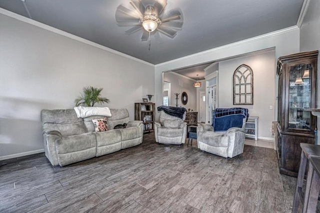 4450 Buffalo Hl, Guthrie, OK 73044 - living room with a ceiling fan, wood finished floors, and ornamental molding