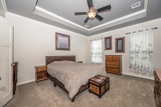 4450 Buffalo Hl, Guthrie, OK 73044 - carpeted bedroom with a raised ceiling, crown molding, and ceiling fan