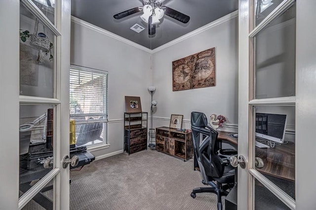 4450 Buffalo Hl, Guthrie, OK 73044 - carpeted office space featuring ornamental molding and a ceiling fan