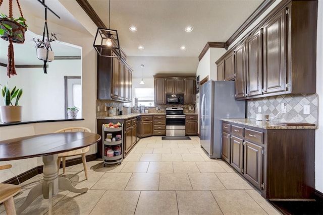 1106 Polk St, Piedmont, OK 73078 - kitchen with stainless steel appliances, crown molding, dark brown cabinetry, backsplash, and recessed lighting