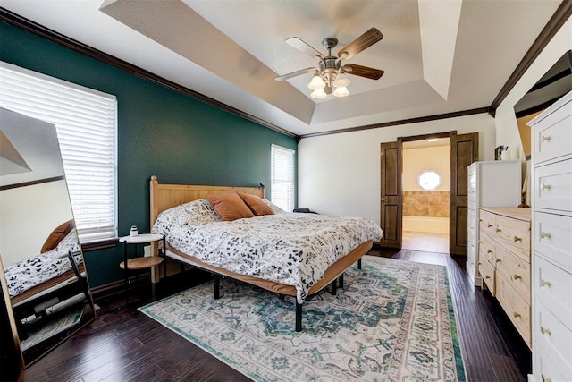 1106 Polk St, Piedmont, OK 73078 - bedroom featuring a raised ceiling, multiple windows, dark wood-style flooring, and ornamental molding