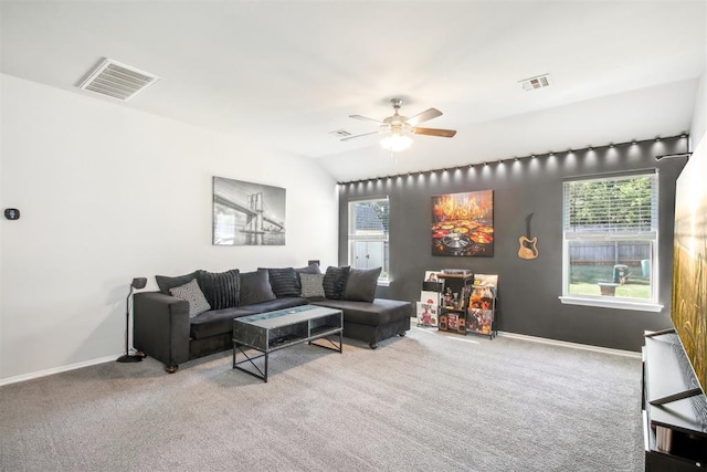 11712 NW 130th St, Piedmont, OK 73078 - living area featuring ceiling fan, carpet flooring, and lofted ceiling