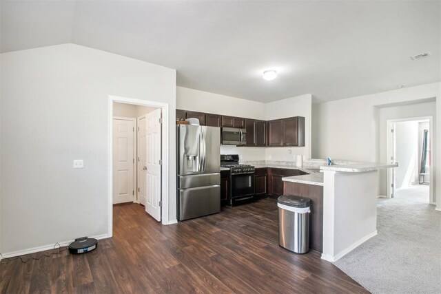 11712 NW 130th St, Piedmont, OK 73078 - kitchen featuring appliances with stainless steel finishes, light countertops, dark brown cabinets, a peninsula, and dark wood-style flooring