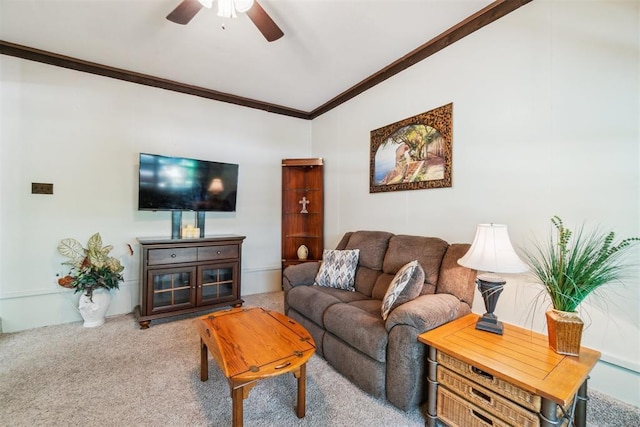 1726 Caddell Ln, Norman, OK 73069 - living room with ceiling fan, crown molding, lofted ceiling, and carpet flooring