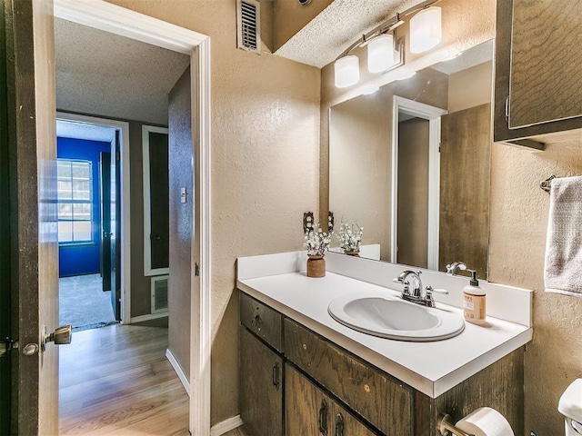 1916 Twin Tree Dr, Norman, OK 73071 - bathroom with a textured wall, vanity, wood finished floors, and a textured ceiling