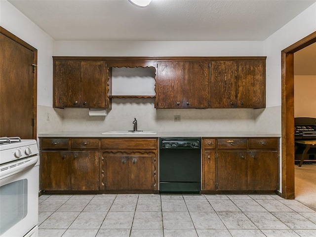 2120 N Divis Ave, Bethany, OK 73008 - kitchen with dishwasher, white gas range oven, dark brown cabinets, light countertops, and light tile patterned floors