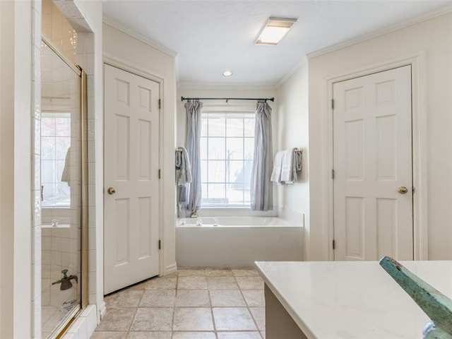 2404 Pawnee Xing, Edmond, OK 73034 - full bathroom with ornamental molding, a stall shower, and a bath