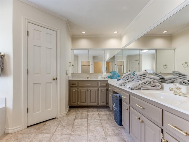 2404 Pawnee Xing, Edmond, OK 73034 - full bath featuring vanity, ornamental molding, and recessed lighting