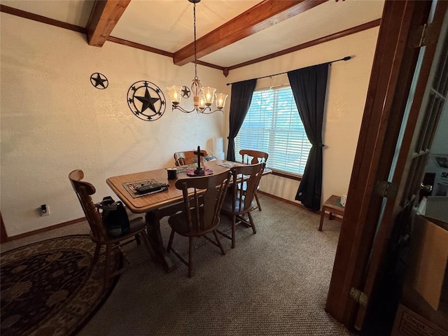 12237 N 359th Rd, Seminole, OK 74868 - carpeted dining space featuring beamed ceiling and a chandelier
