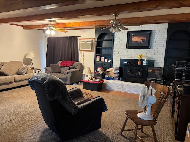12237 N 359th Rd, Seminole, OK 74868 - carpeted living area featuring a ceiling fan, beam ceiling, and a wall mounted AC