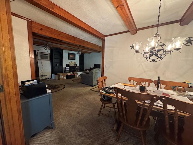 12237 N 359th Rd, Seminole, OK 74868 - dining space with beam ceiling, a chandelier, carpet flooring, and an AC wall unit
