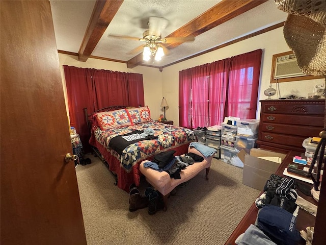 12237 N 359th Rd, Seminole, OK 74868 - carpeted bedroom featuring beamed ceiling, ceiling fan, and an AC wall unit
