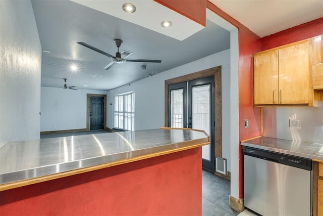 2527 NW 62nd St Unit 214, Oklahoma City, OK 73112 - kitchen featuring stainless steel countertops, dishwasher, a ceiling fan, french doors, and recessed lighting