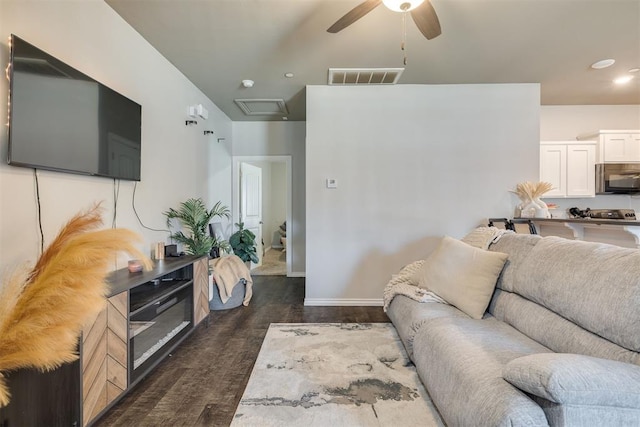 1010 SW 91st St, Oklahoma City, OK 73139 - living room with ceiling fan, dark wood-style floors, and recessed lighting
