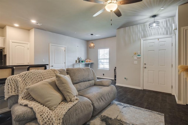 1010 SW 91st St, Oklahoma City, OK 73139 - living room with ceiling fan, dark wood-type flooring, and recessed lighting