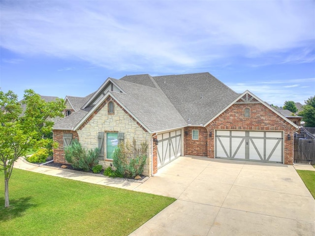 4311 Moorgate Dr, Norman, OK 73072 - view of front of home with an attached garage, driveway, a shingled roof, stone siding, and brick siding