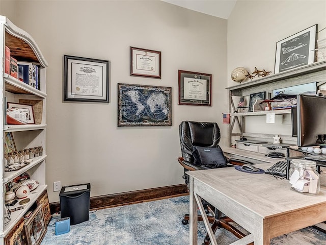 4311 Moorgate Dr, Norman, OK 73072 - office area featuring baseboards and vaulted ceiling