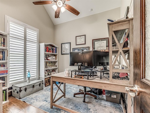 4311 Moorgate Dr, Norman, OK 73072 - office space featuring lofted ceiling, a ceiling fan, wood finished floors, and healthy amount of natural light