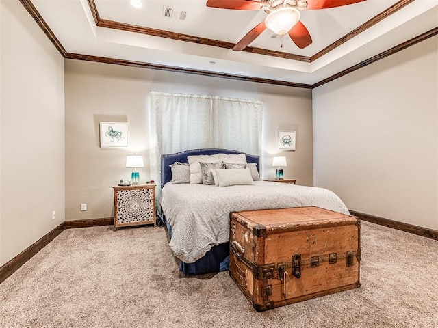 4311 Moorgate Dr, Norman, OK 73072 - bedroom featuring carpet, a tray ceiling, crown molding, and ceiling fan