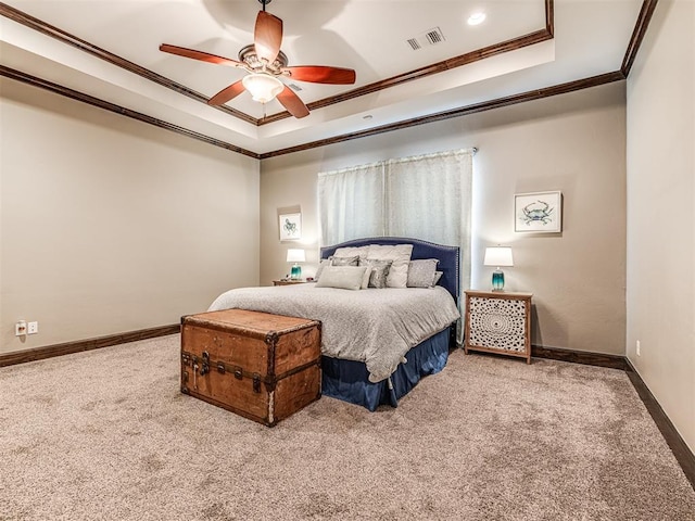 4311 Moorgate Dr, Norman, OK 73072 - bedroom with crown molding, a raised ceiling, carpet, a ceiling fan, and recessed lighting
