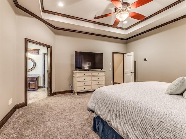 4311 Moorgate Dr, Norman, OK 73072 - carpeted bedroom featuring crown molding, a tray ceiling, ensuite bathroom, recessed lighting, and a ceiling fan
