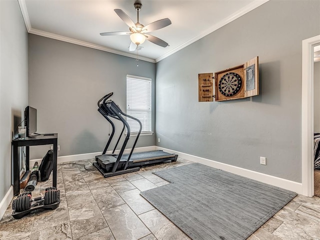 4311 Moorgate Dr, Norman, OK 73072 - exercise room featuring ceiling fan and ornamental molding