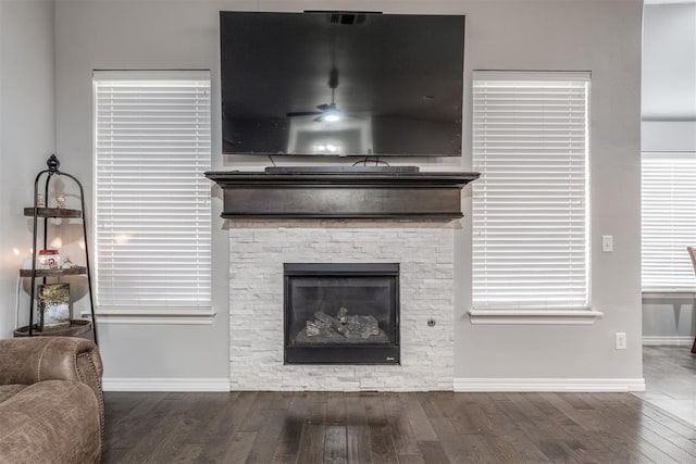 3309 Austrian Pine Ln, Yukon, OK 73099 - living room featuring wood finished floors, a fireplace, and ceiling fan