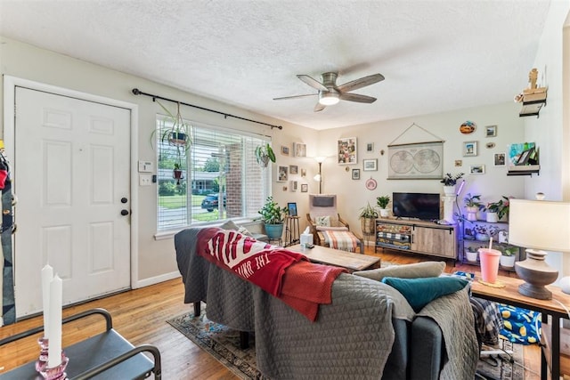 709 W Hughbert St, Norman, OK 73069 - living area featuring a ceiling fan, wood finished floors, and a textured ceiling