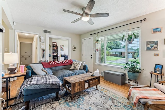 709 W Hughbert St, Norman, OK 73069 - living area featuring a textured ceiling, wood finished floors, and ceiling fan