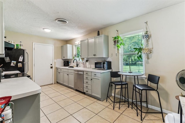 709 W Hughbert St, Norman, OK 73069 - kitchen with appliances with stainless steel finishes, plenty of natural light, light countertops, gray cabinets, and a textured ceiling