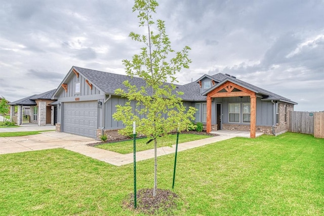 12712 NW 4th St, Yukon, OK 73099 - modern inspired farmhouse with board and batten siding, brick siding, a garage, driveway, and roof with shingles