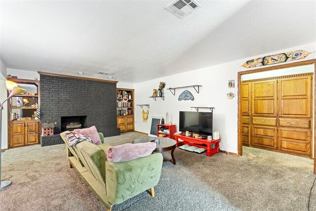 12725 Silver Ln, Oklahoma City, OK 73120 - carpeted living area with a fireplace and a textured ceiling