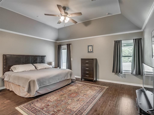 3939 S Santa Fe Ave, Norman, OK 73072 - bedroom featuring vaulted ceiling, multiple windows, dark wood finished floors, and a ceiling fan
