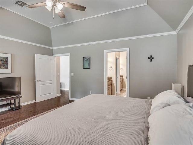 3939 S Santa Fe Ave, Norman, OK 73072 - bedroom featuring wood finished floors, high vaulted ceiling, ceiling fan, connected bathroom, and ornamental molding
