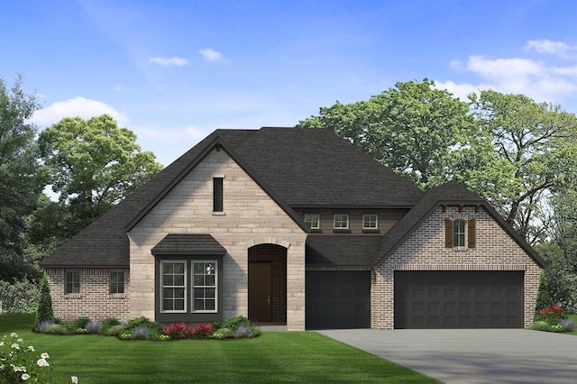 7916 Amber Ridge Dr, Edmond, OK 73034 - french country home featuring stone siding, a front yard, concrete driveway, brick siding, and a shingled roof