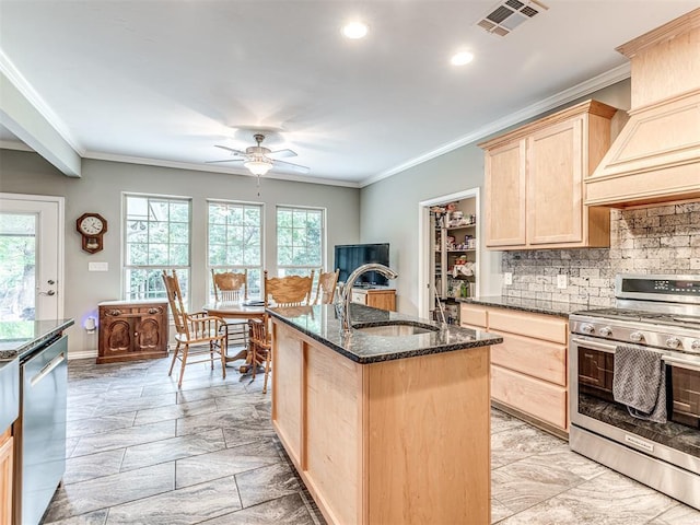 940908 S 3300th Rd, Luther, OK 73054 - kitchen featuring appliances with stainless steel finishes, light brown cabinets, plenty of natural light, ceiling fan, and crown molding