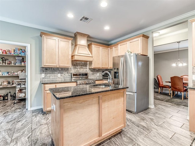 940908 S 3300th Rd, Luther, OK 73054 - kitchen with appliances with stainless steel finishes, light brown cabinets, custom range hood, crown molding, and dark stone counters
