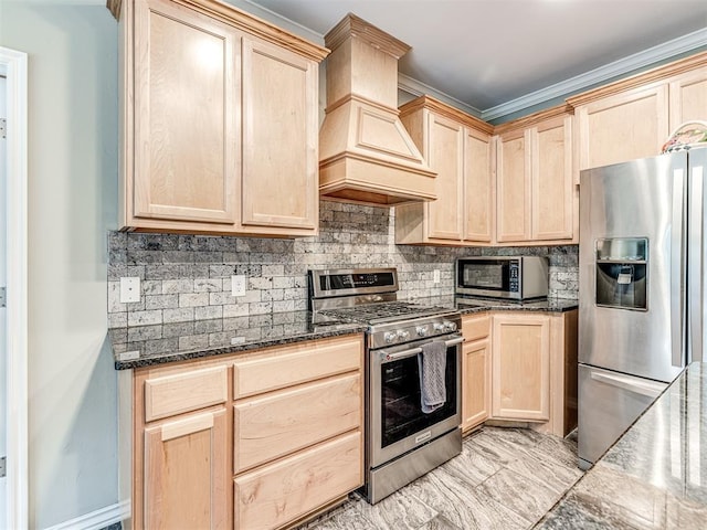 940908 S 3300th Rd, Luther, OK 73054 - kitchen featuring stainless steel appliances, light brown cabinets, premium range hood, decorative backsplash, and ornamental molding