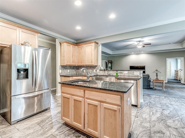 940908 S 3300th Rd, Luther, OK 73054 - kitchen with appliances with stainless steel finishes, light brown cabinetry, crown molding, a peninsula, and dark stone countertops