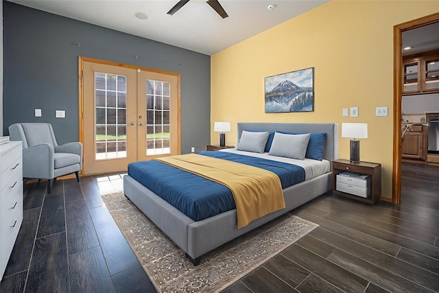 bedroom featuring access to exterior, french doors, dark wood-style floors, and a ceiling fan