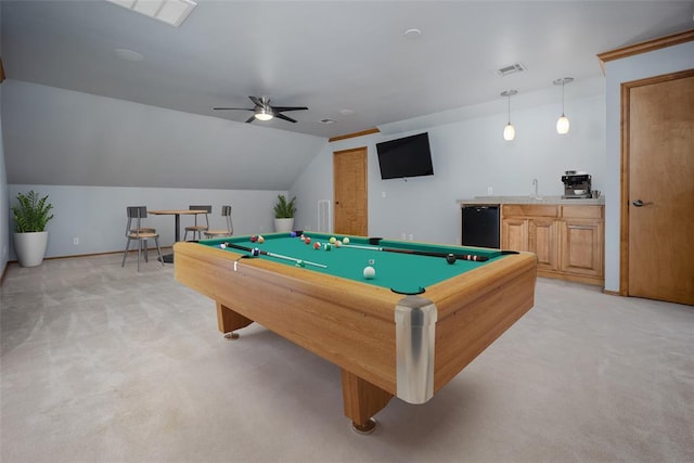 game room with light carpet, a ceiling fan, pool table, and lofted ceiling