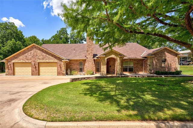815 W Adams St, Purcell, OK 73080 - view of front of property with an attached garage, driveway, a front lawn, a chimney, and brick siding