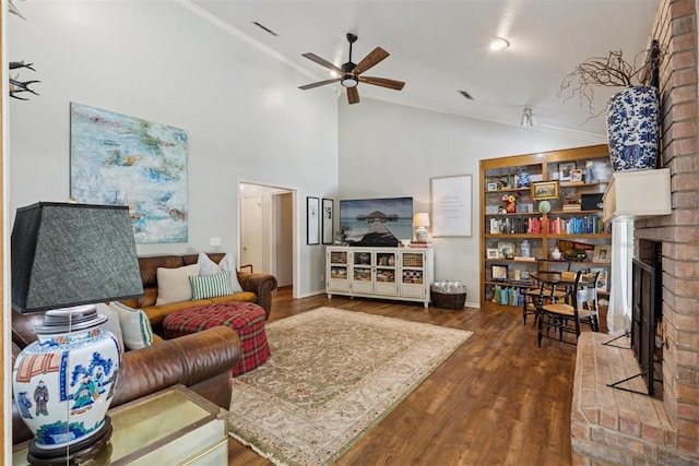 5 Larkens Pl, Shawnee, OK 74801 - living room with lofted ceiling, a ceiling fan, wood finished floors, crown molding, and a fireplace