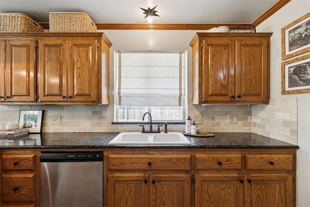 5 Larkens Pl, Shawnee, OK 74801 - kitchen with dishwasher, ornamental molding, brown cabinets, and tasteful backsplash