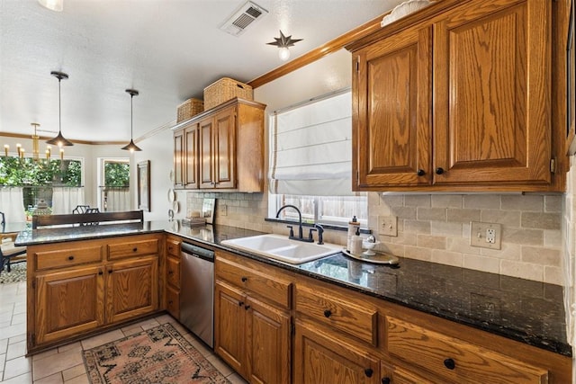 5 Larkens Pl, Shawnee, OK 74801 - kitchen featuring dishwasher, ornamental molding, a peninsula, brown cabinets, and backsplash