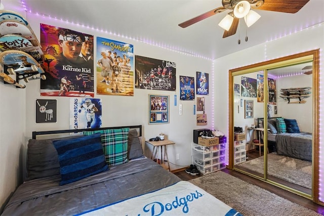 5 Larkens Pl, Shawnee, OK 74801 - bedroom featuring wood finished floors, a closet, and ceiling fan