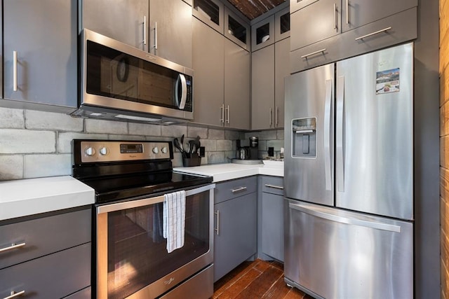 173 Guppy Ln, Hochatown, OK 74728 - kitchen with appliances with stainless steel finishes, gray cabinets, light countertops, and dark wood-style floors